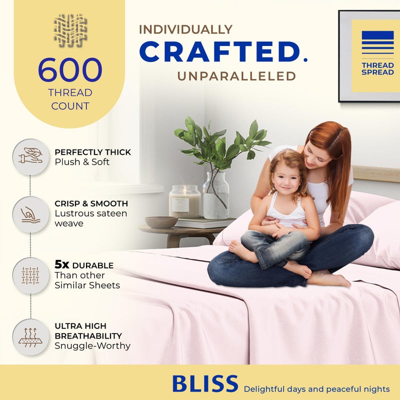 THREAD SPREAD 100% Egyptian Cotton Sheets Twin - 600 Thread Count, 3 PC Deep Pocket Twin Sheets, Soft, Cooling Sateen Weave College Dorm Room Bedding Sets, 16" Deep Pocket - Blush - Image 2